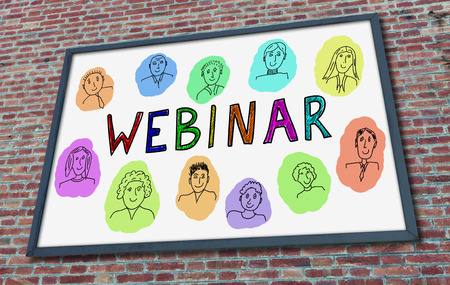Webinar concept drawn on a billboard fixed on a brick wallの写真素材