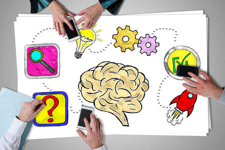 Problem solving concept placed on a desk with hands using smartphones