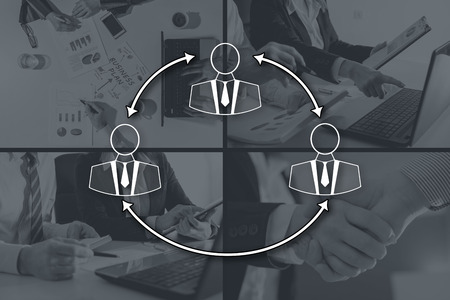 Business communication concept illustrated by pictures on backgroundの写真素材