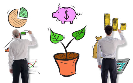 Investment concept drawn on a white wall by businessmenの写真素材