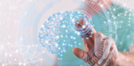 Man touching an intelligence concept on a touch screen with his finger
