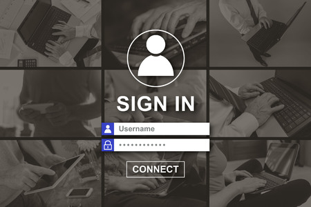 Sign in concept illustrated by pictures on backgroundの写真素材