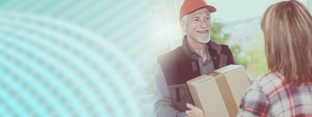 Smiling delivery man delivering package to customer, light effect