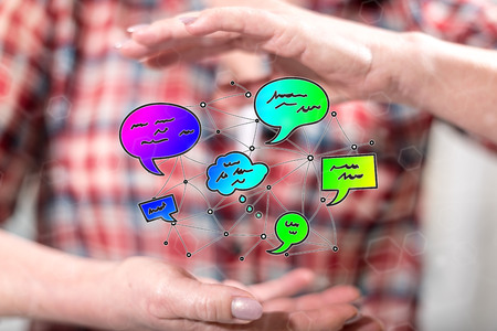 Communication network concept between hands of a woman in background