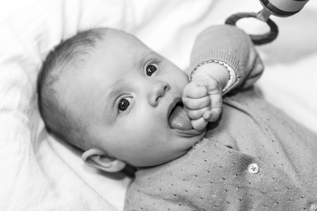 Portrait of cute baby girl lying on back, black and whiteの写真素材