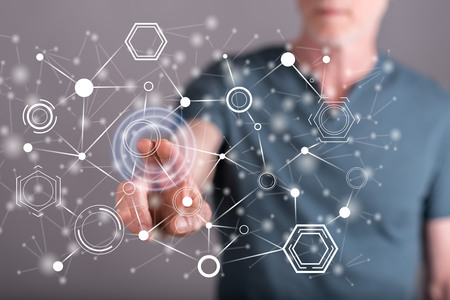 Man touching a virtual network on a touch screen with his finger