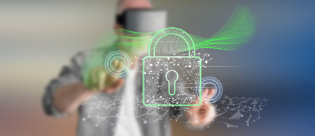 Man with vr headset touching a digital security concept on a touch screen with his fingers