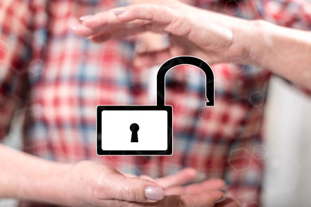 Cyber security concept between hands of a woman in backgroundの写真素材