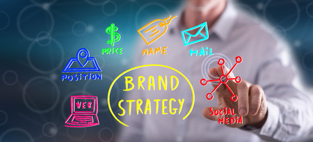 Man touching a brand strategy concept on a touch screen with his fingerの写真素材