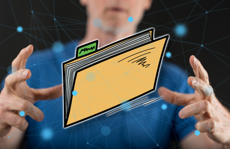 Data concept between hands of a man in background