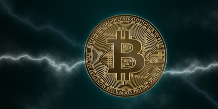 Bitcoin coin on dark background with lightningの写真素材