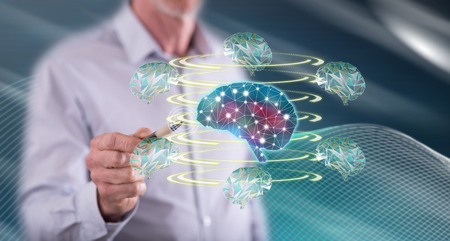 Man touching an artificial intelligence concept on a touch screen with a pen