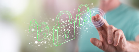 Man touching a network security concept on a touch screen with his fingerの写真素材