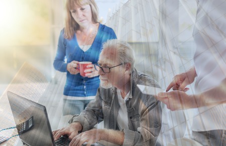 Business people working together in office, double exposure, light effectの写真素材