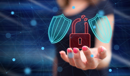Cyber security concept above the hand of a woman in background
