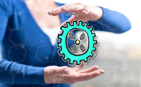 Business process concept between hands of a woman in backgroundの写真素材