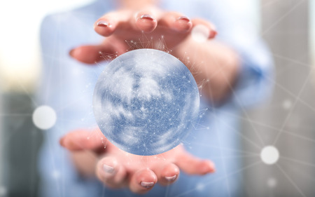 Global connection concept between hands of a woman in backgroundの写真素材