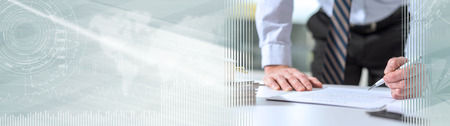 Businessman checking a document in office. panoramic banner