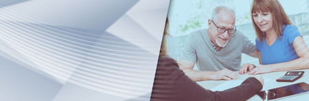 Senior couple meeting financial adviser for investment. panoramic bannerの写真素材