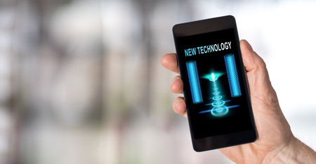 Smartphone screen displaying a new technology conceptの写真素材