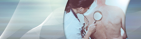 Young female doctor checking skin of senior patient. panoramic bannerの写真素材