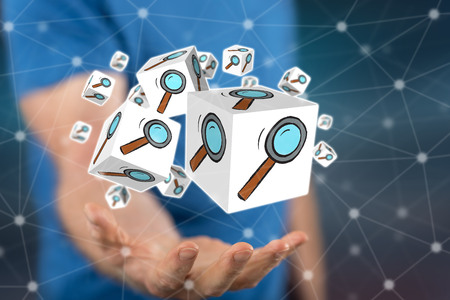 Research concept above the hand of a man in background