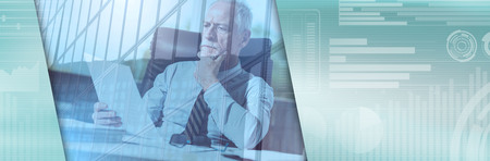Portrait of mature businessman checking a document in office, double exposure. panoramic banner