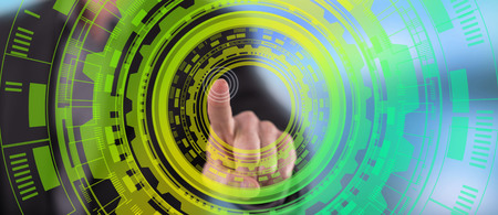 Man touching a tech concept on a touch screen with his finger