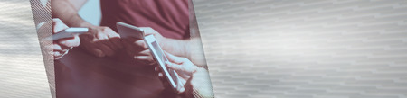 View of people hands using mobile phones. panoramic banner