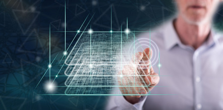 Man touching a blockchain technology concept on a touch screen with his finger