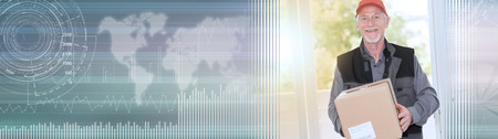 Portrait of smiling senior deliverer holding a package, light effet. panoramic banner
