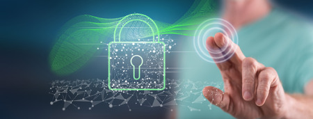 Man touching a digital security concept on a touch screen with his finger