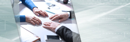 Situation of business negotiation between businesswoman and businessman. panoramic bannerの写真素材