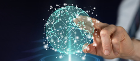 Man touching a global connection concept on a touch screen with his finger