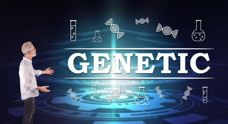 Businessman showing a genetic concept on a wall screen