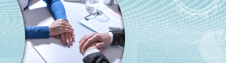 Situation of business negotiation between businesswoman and businessman. panoramic banner