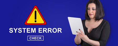Woman using digital tablet with system error concept on backgroundの写真素材