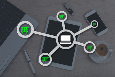 E-commerce concept illustrated by a picture on backgroundの写真素材