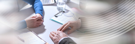 Situation of business negotiation between businesswoman and businessman. panoramic banner