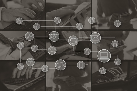 Social media network concept illustrated by pictures on backgroundの写真素材