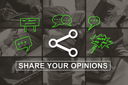 Opinions sharing concept illustrated by pictures on backgroundの写真素材