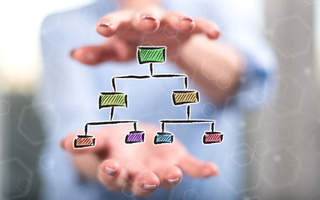 Organizational chart concept between hands of a woman in backgroundの写真素材