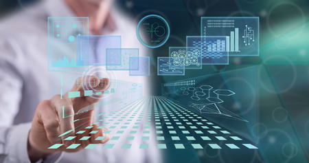 Man touching a business digital interface concept on a touch screen with his finger