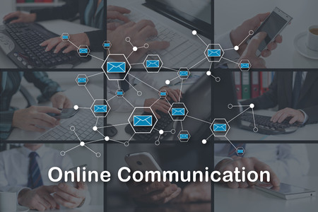 Online communication concept illustrated by pictures on backgroundの写真素材