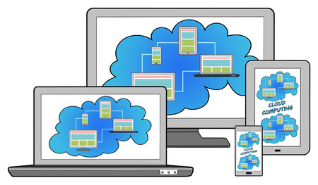 Cloud computing concept on different devices, isolated on white