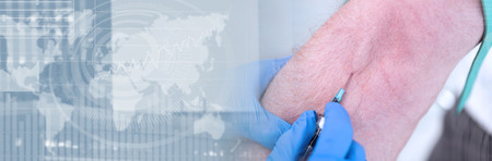 Injection of a catheter in the arm of a patient. panoramic banner