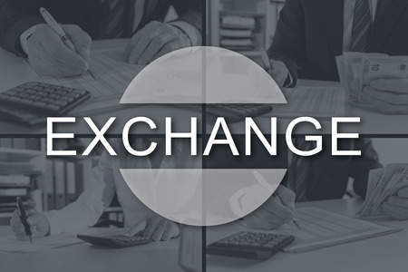 Exchange concept illustrated by pictures on backgroundの写真素材