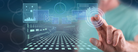 Man touching a business digital interface concept on a touch screen with his finger