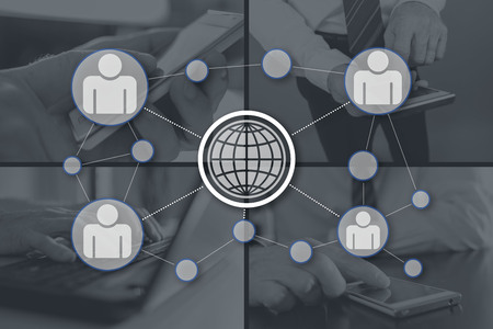 Global business network concept illustrated by pictures on backgroundの写真素材