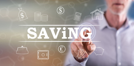 Man touching a saving concept on a touch screen with his fingerの写真素材